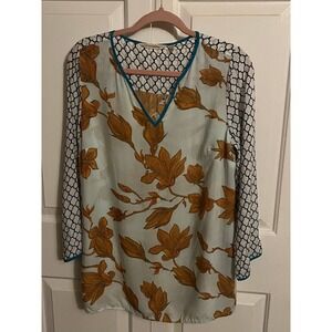 Soft Surroundings Long Sleeve Top Blouse Women's Size S Brown White V Neck